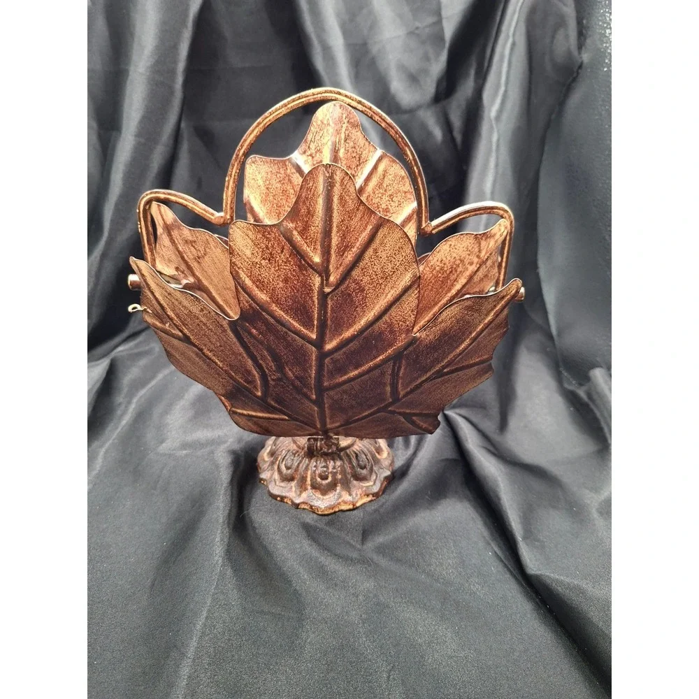 Vintage Copper Tone Folding Metal Maple Leaf Tiered Serving Tray Stand Decor